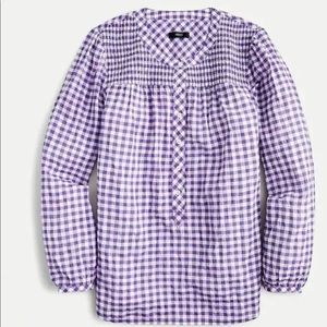 New J Crew Purple Gingham Long Sleeve Popover Top